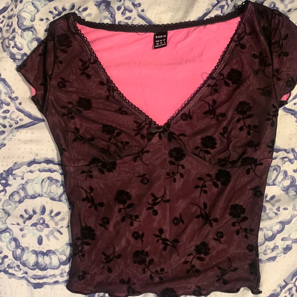 90’s floral print now front lettuce trim crop <3